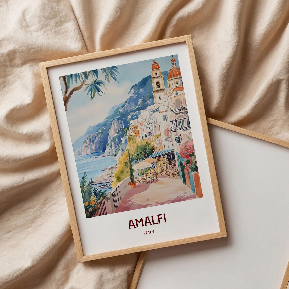 Amalfi Italy Cathedral Cliffs Cafe Terrace Watercolor Travel Poster - Image 3