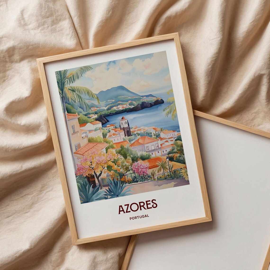 Azores Island Coastal Town Portugal Watercolor Travel Poster - Image 3