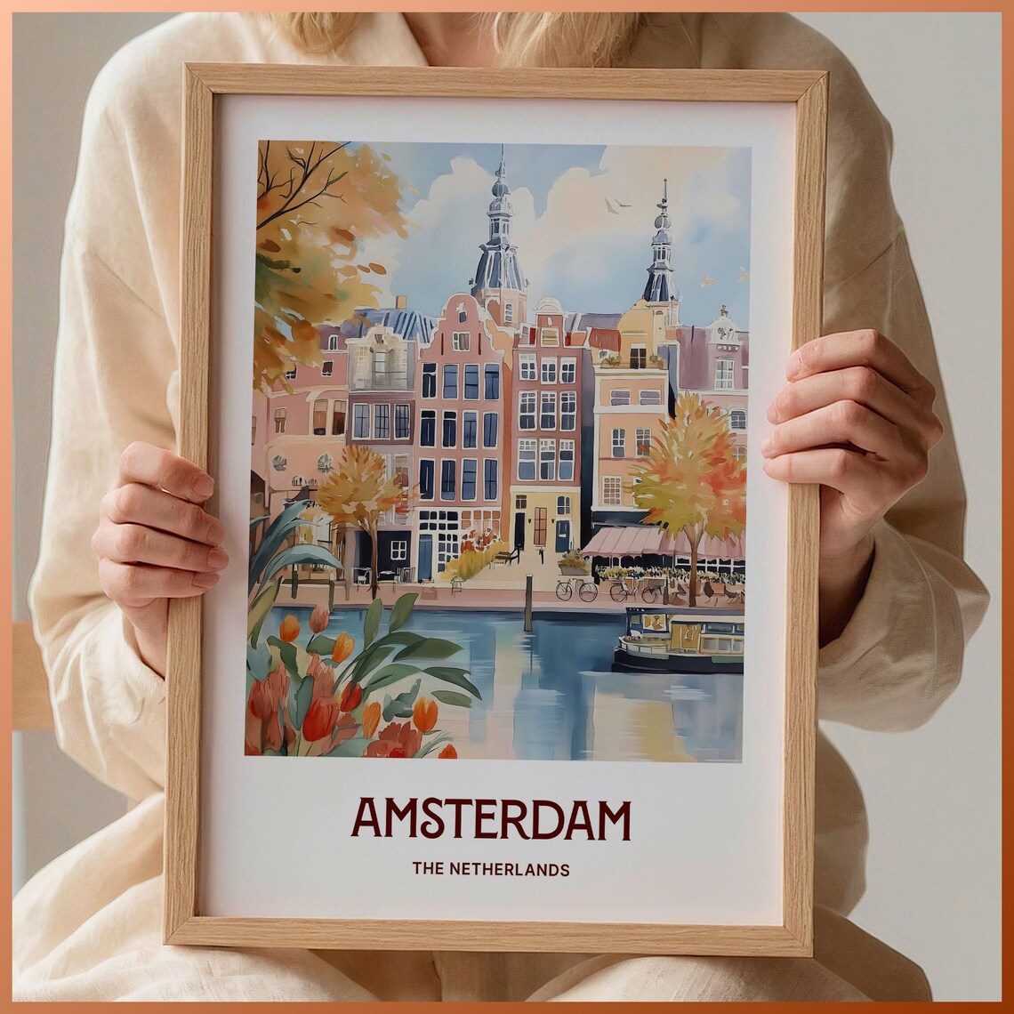 Amsterdam Canal Houses Tulips Bikes Netherlands Watercolor Poster