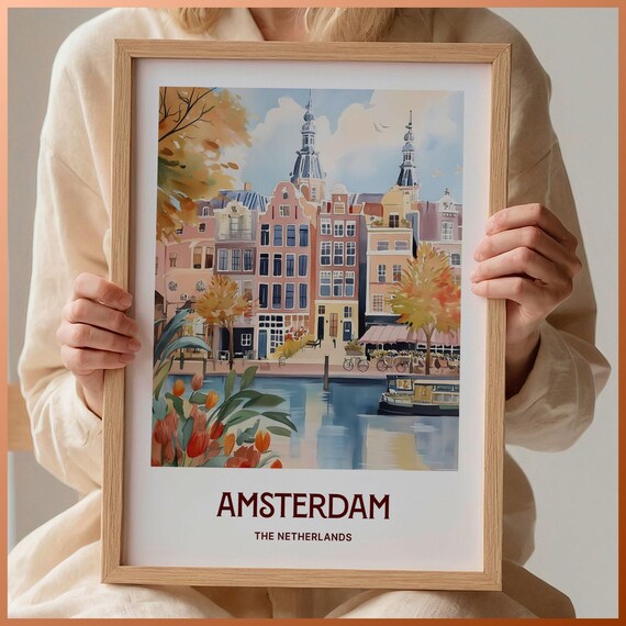 Amsterdam Canal Houses Tulips Bikes Netherlands Watercolor Poster