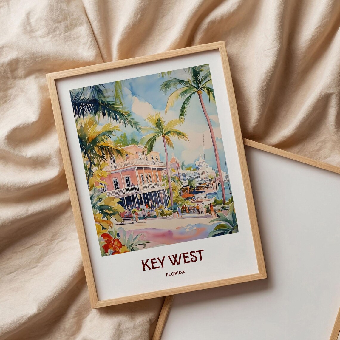 Key West Florida Palm Street Waterfront Watercolor Travel Poster - Image 3