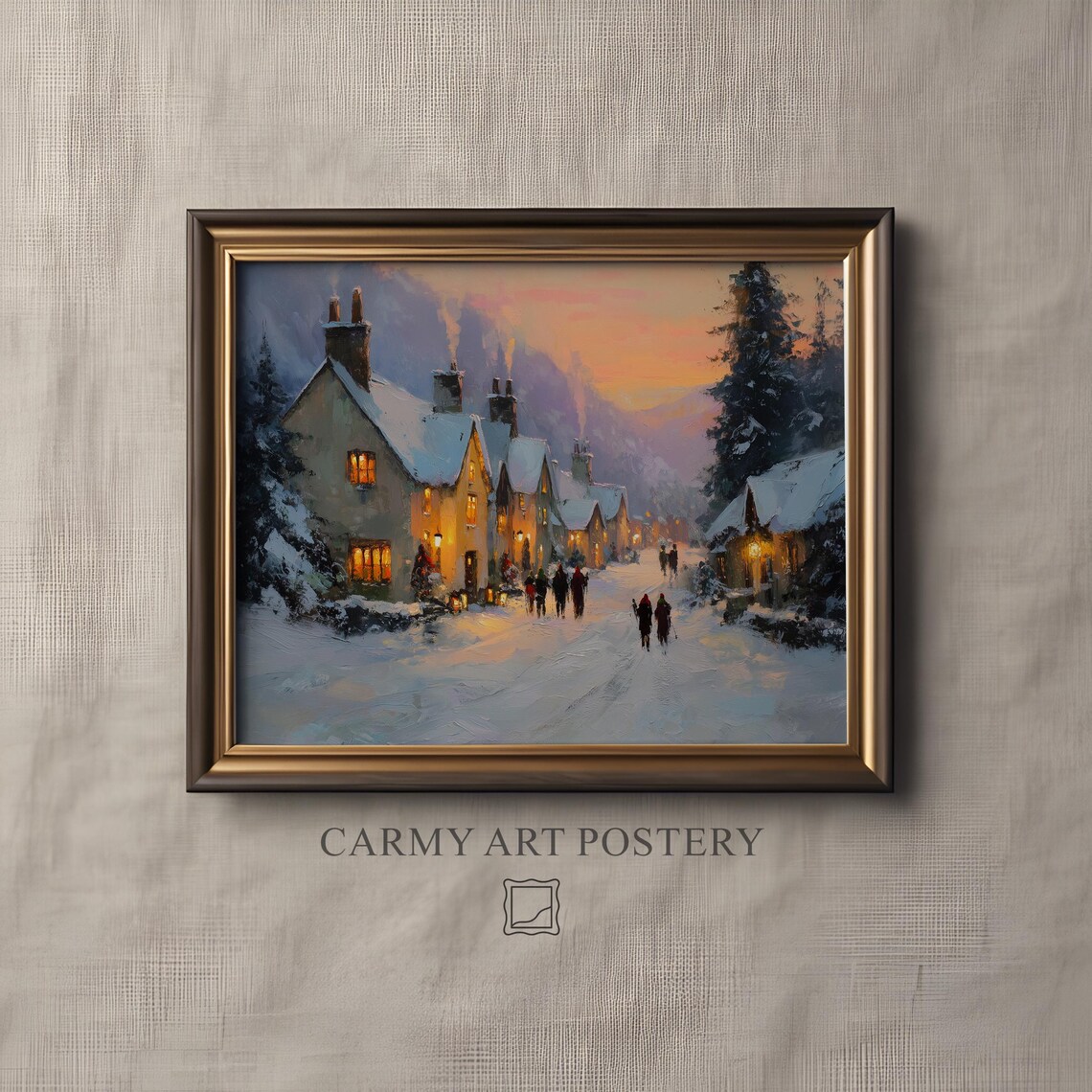 Cozy Snowy Christmas Village Street Glowing Winter Dusk Art Poster