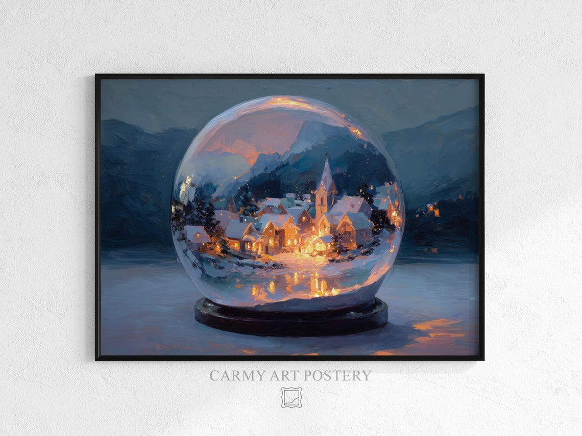 Glowing Snow Globe Winter Village Night Scene Christmas Poster