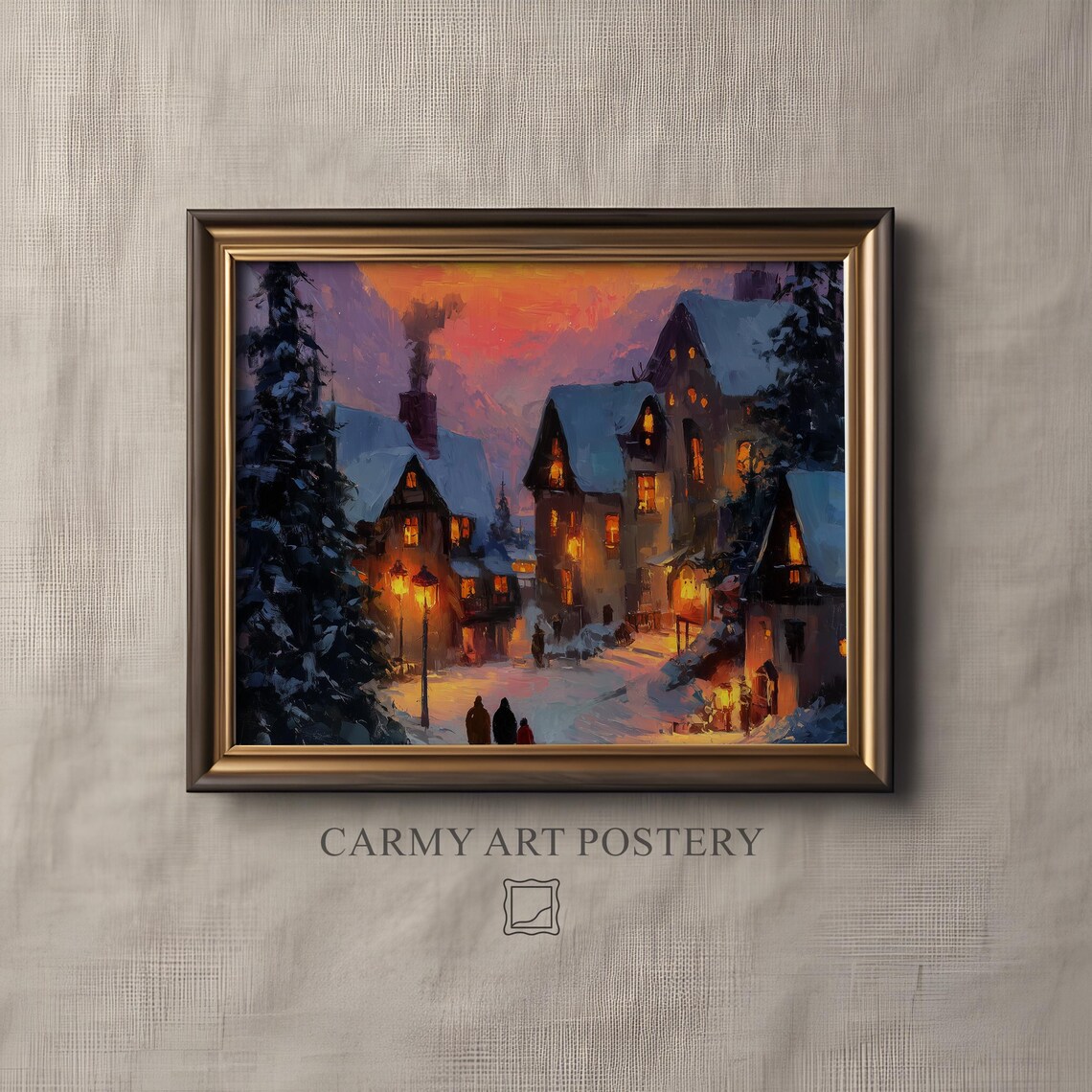 Snowy Christmas Village Dusk Cozy Lights Oil Painting Winter Poster