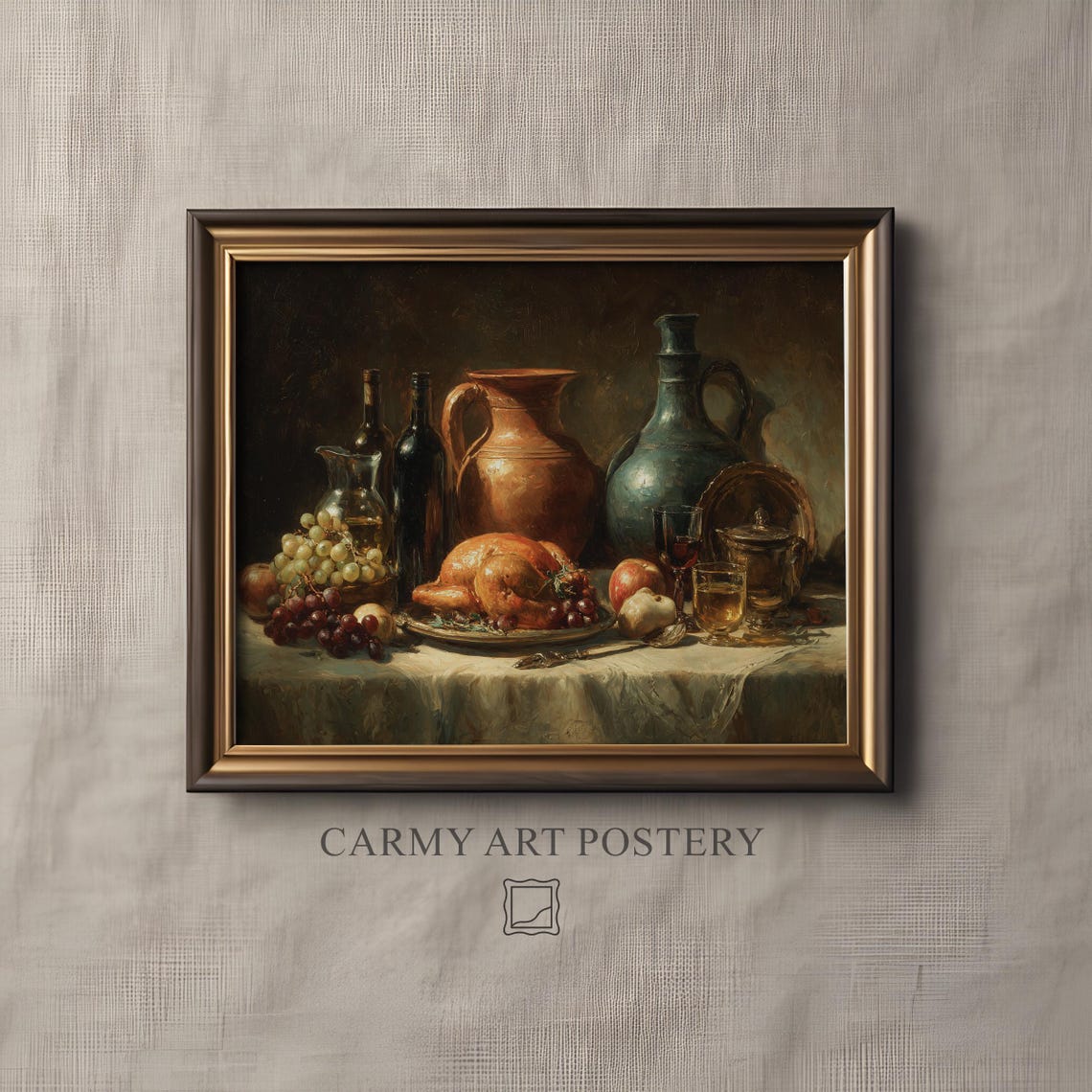 Classic Holiday Feast Still Life Roast Chicken Oil Painting Poster