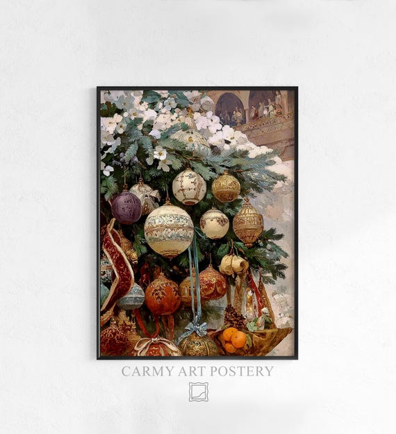 Vintage Christmas Ornaments Print Festive Rustic Wall Art Cozy Holiday Decor Antique Illustration 363