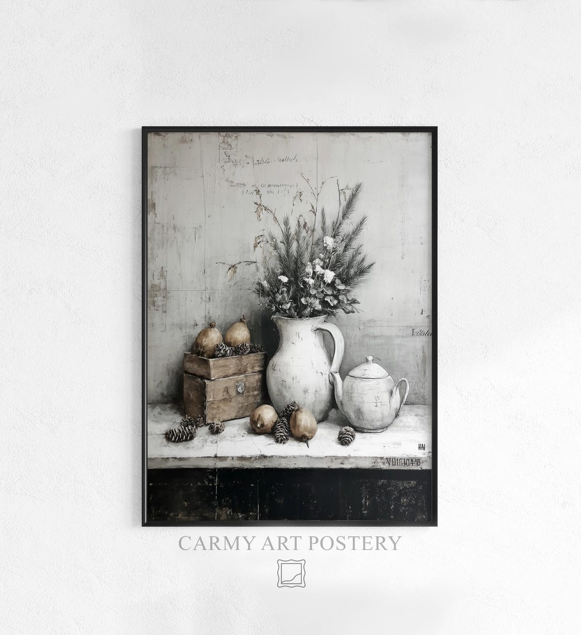 Rustic Winter Still Life White Pitcher Farmhouse Neutral Wall Art