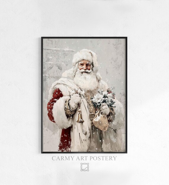 Classic Santa Claus Portrait Bell Flowers Snowy Vintage Holiday Wall Art