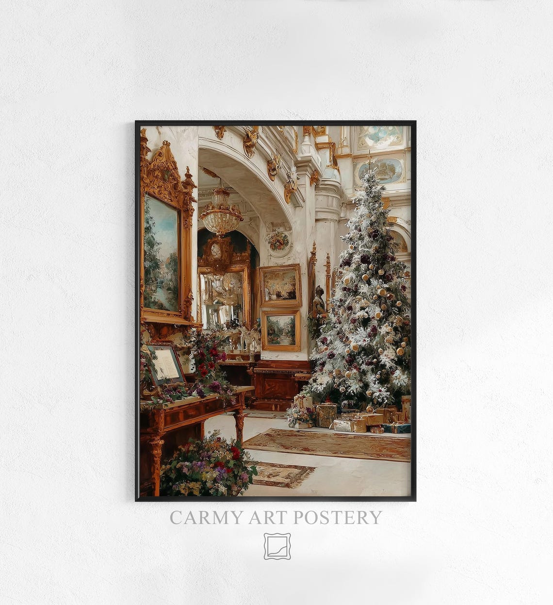 Elegant Grand Christmas Tree Chandelier Hall Vintage Holiday Poster
