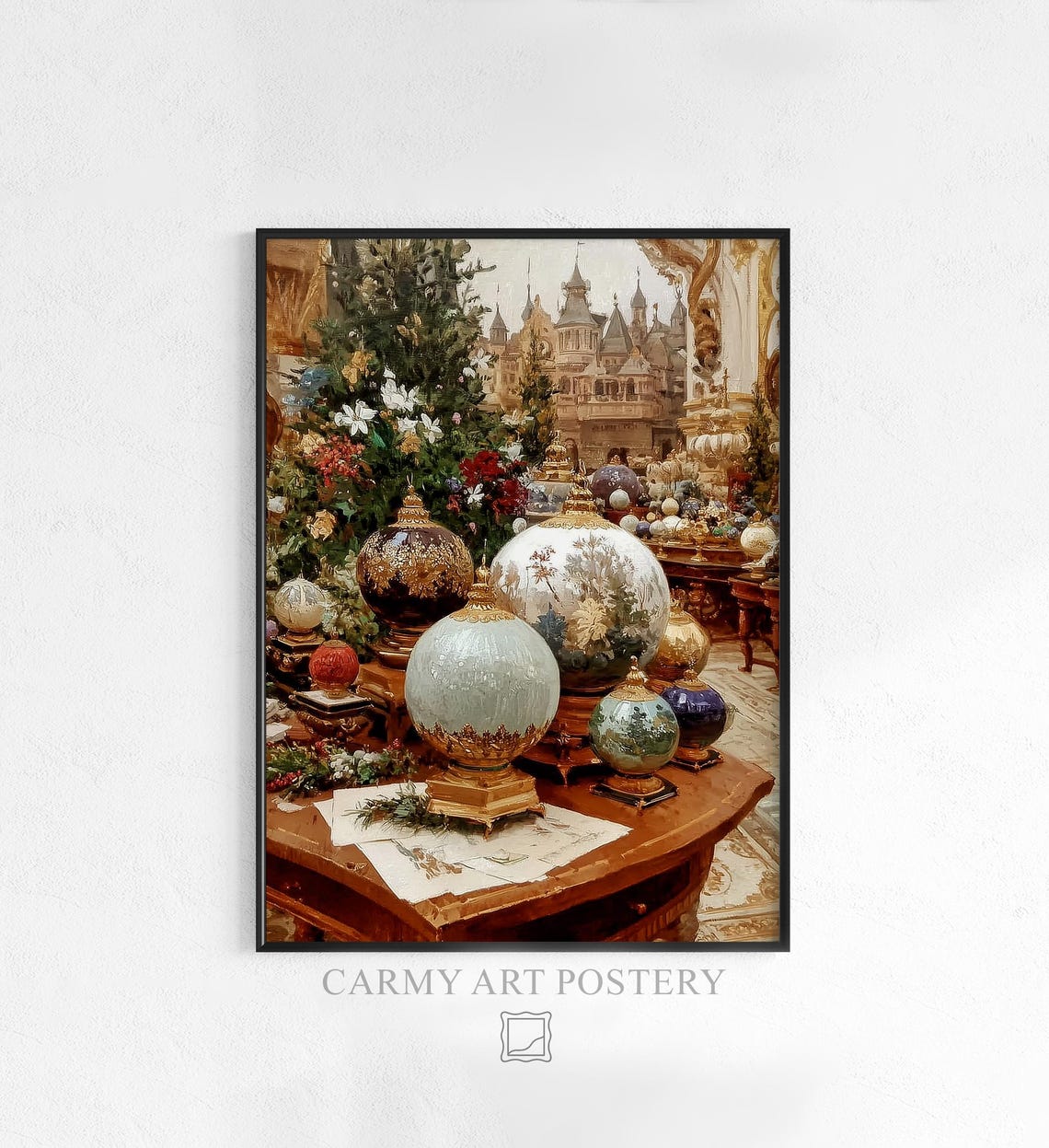Vintage Christmas Baubles Ornate Grand Hall Holiday Painting Poster