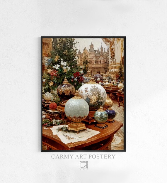Vintage Christmas Baubles Ornate Grand Hall Holiday Painting Poster