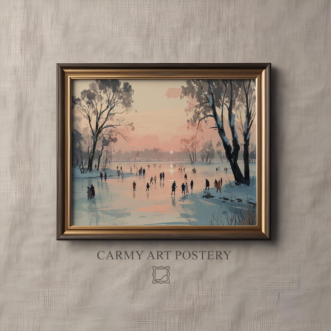 Skating Party Frozen Lake Sunset Bare Trees Vintage Winter Art Poster