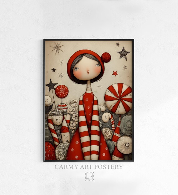 Girl In Red Hood Vintage Christmas Art Poster Whimsical Folk Holiday Scene