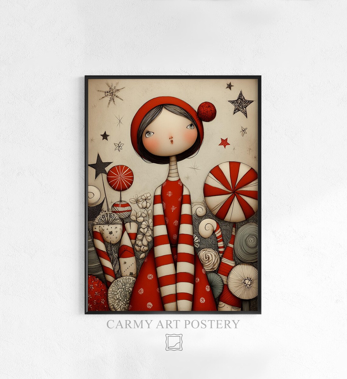 Girl In Red Hood Vintage Christmas Art Poster Whimsical Folk Holiday Scene