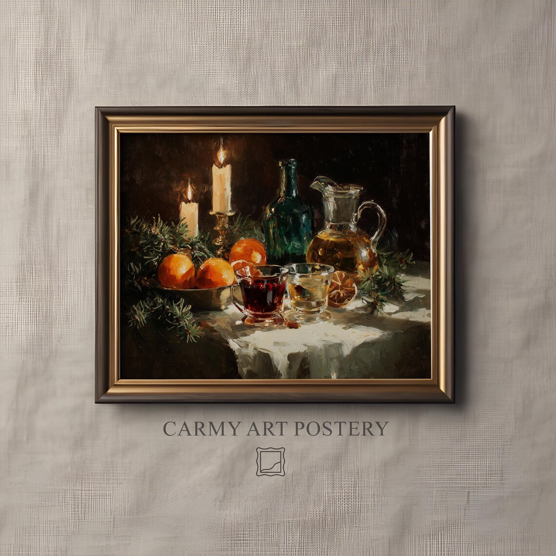 Vintage Holiday Feast Still Life Candles Oranges Oil Painting Poster