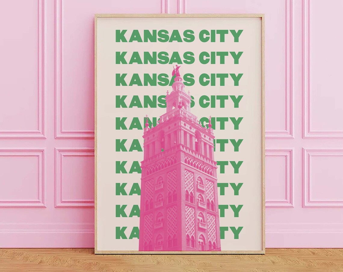 Kansas City Plaza Tower Pink Green Art Poster for Missouri Decor - Image 4