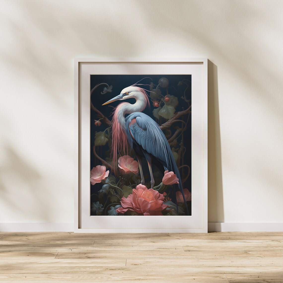 Blue Heron Moody Pink Floral Vintage Bird Portrait Artwork Poster - Image 2