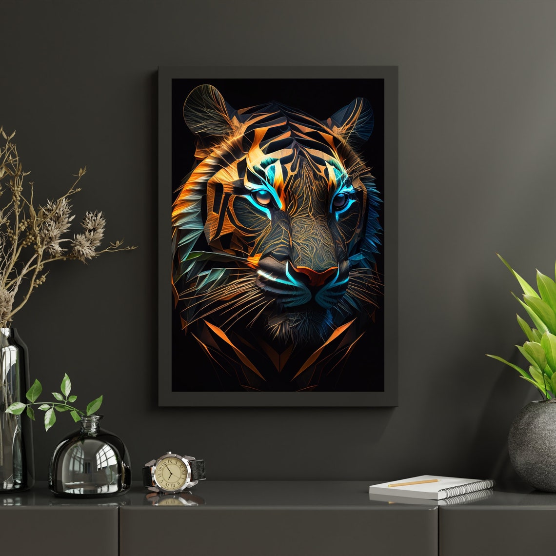 Neon Geometric Tiger Head on Black Dark Background Art Poster - Image 3