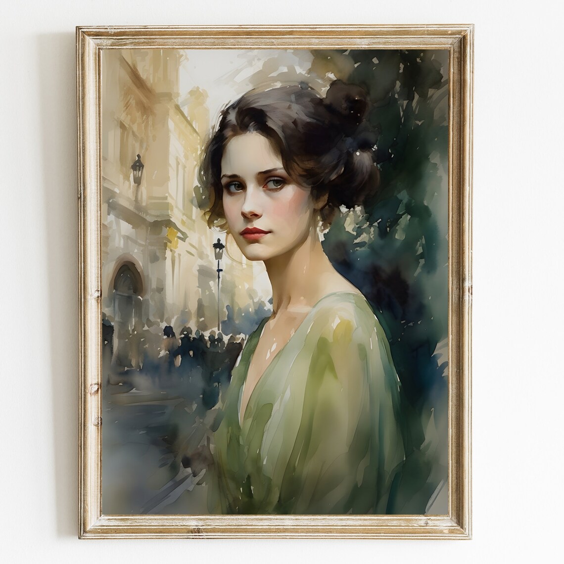 Watercolor Woman Green Dress European Street Elegant Portrait Poster