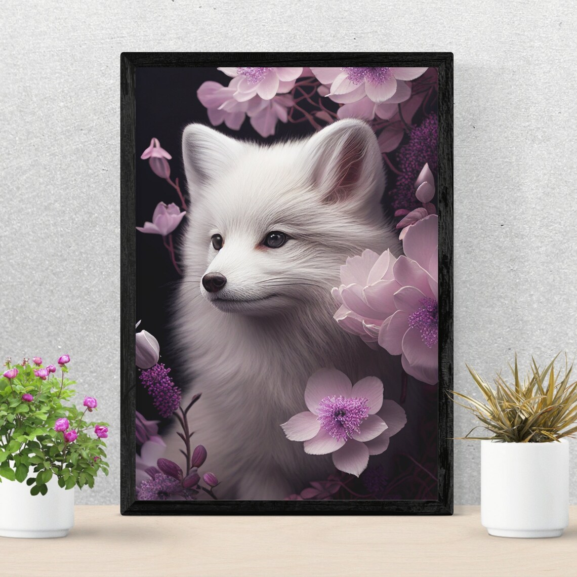 Sweet Adorable White Fox Cub with Pink Flowers Dark Floral Poster - Image 2