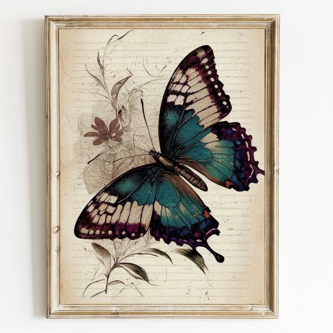 Teal and Purple Butterfly Vintage Botanical Illustration Poster