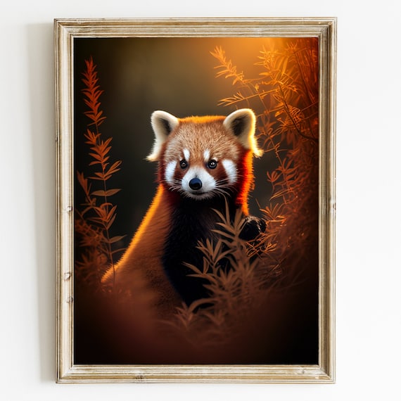 Cute Red Panda Cub in Golden Light Among Bamboo Leaves Poster