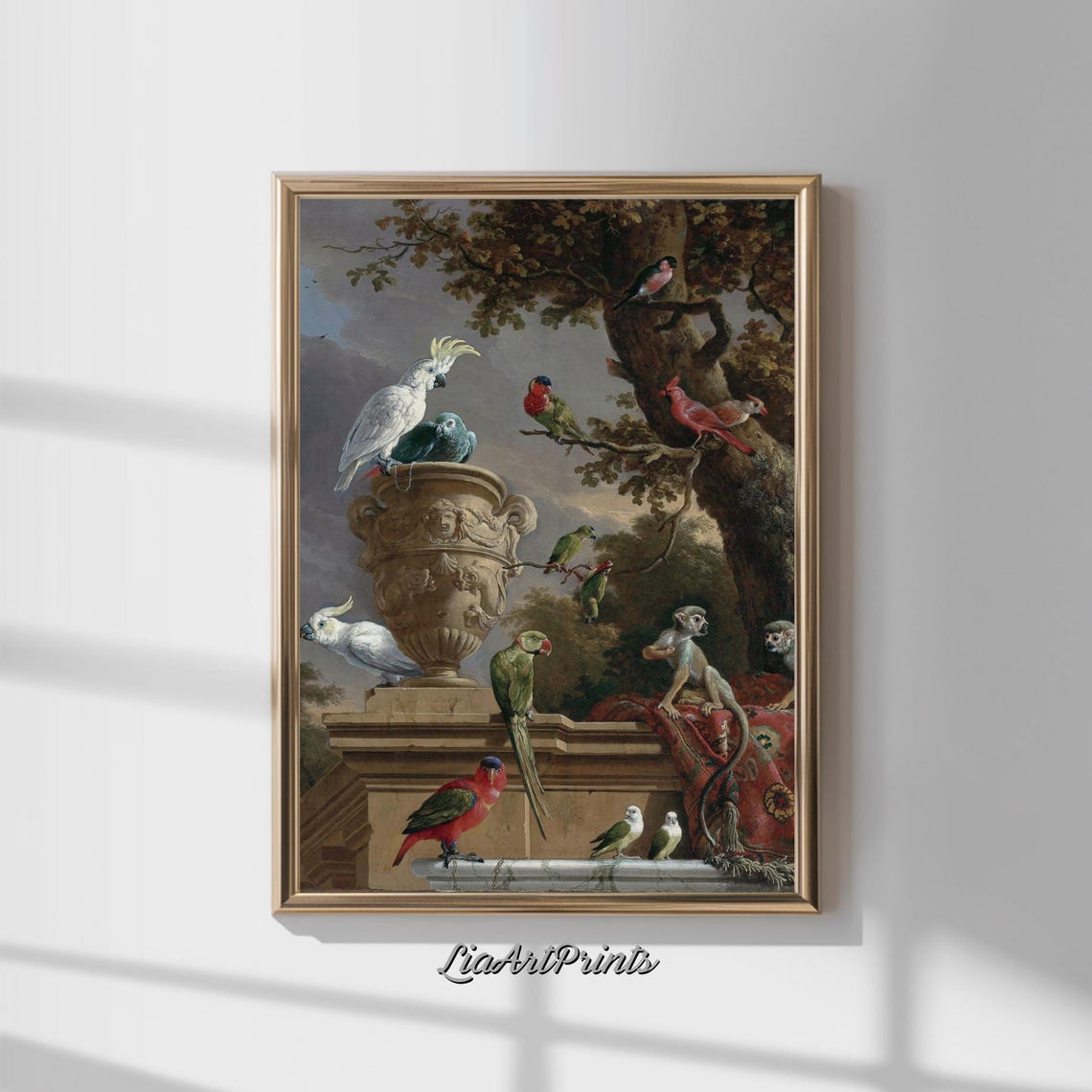 Exotic Parrots and Monkeys Vintage Oil Painting with Stone Urn Poster