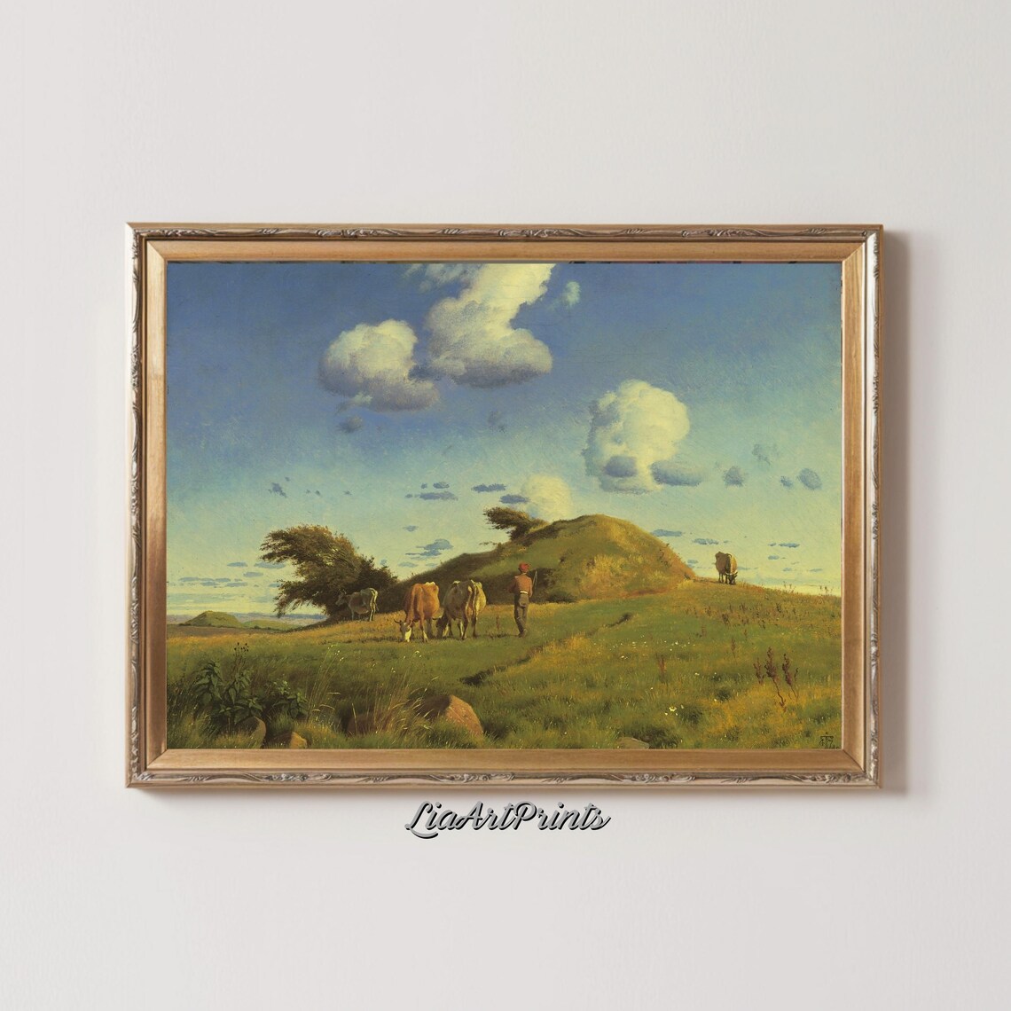 Pastoral Herdsman Cows Green Hill Big Summer Sky Country Poster - Image 2