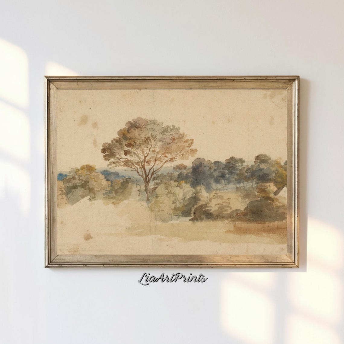 Minimalist Watercolor Lone Tree Open Field Antique Landscape Poster
