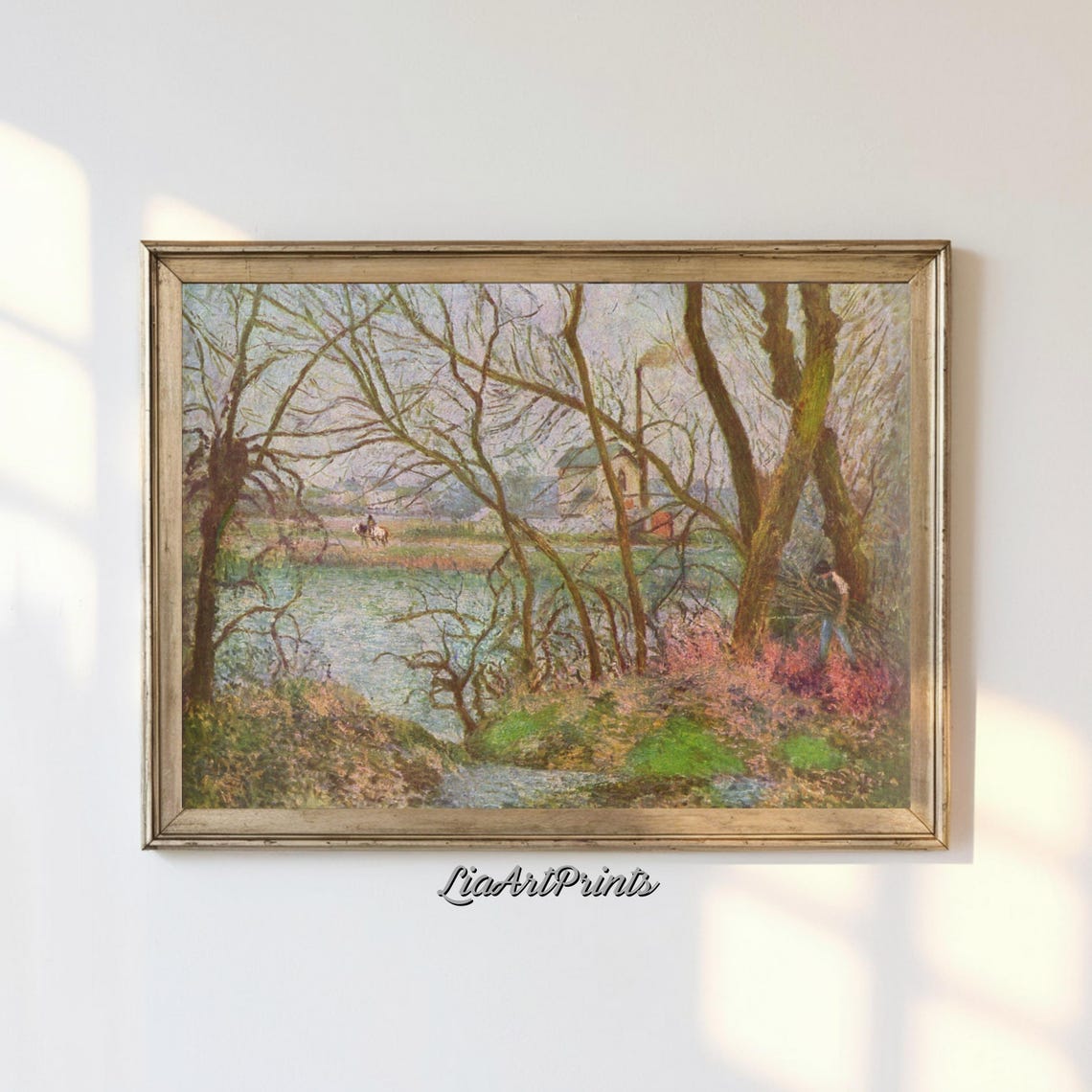 Impressionist Riverside Bare Trees Horse Rider Winter Scene Poster
