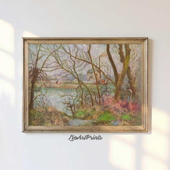 Impressionist Riverside Bare Trees Horse Rider Winter Scene Poster