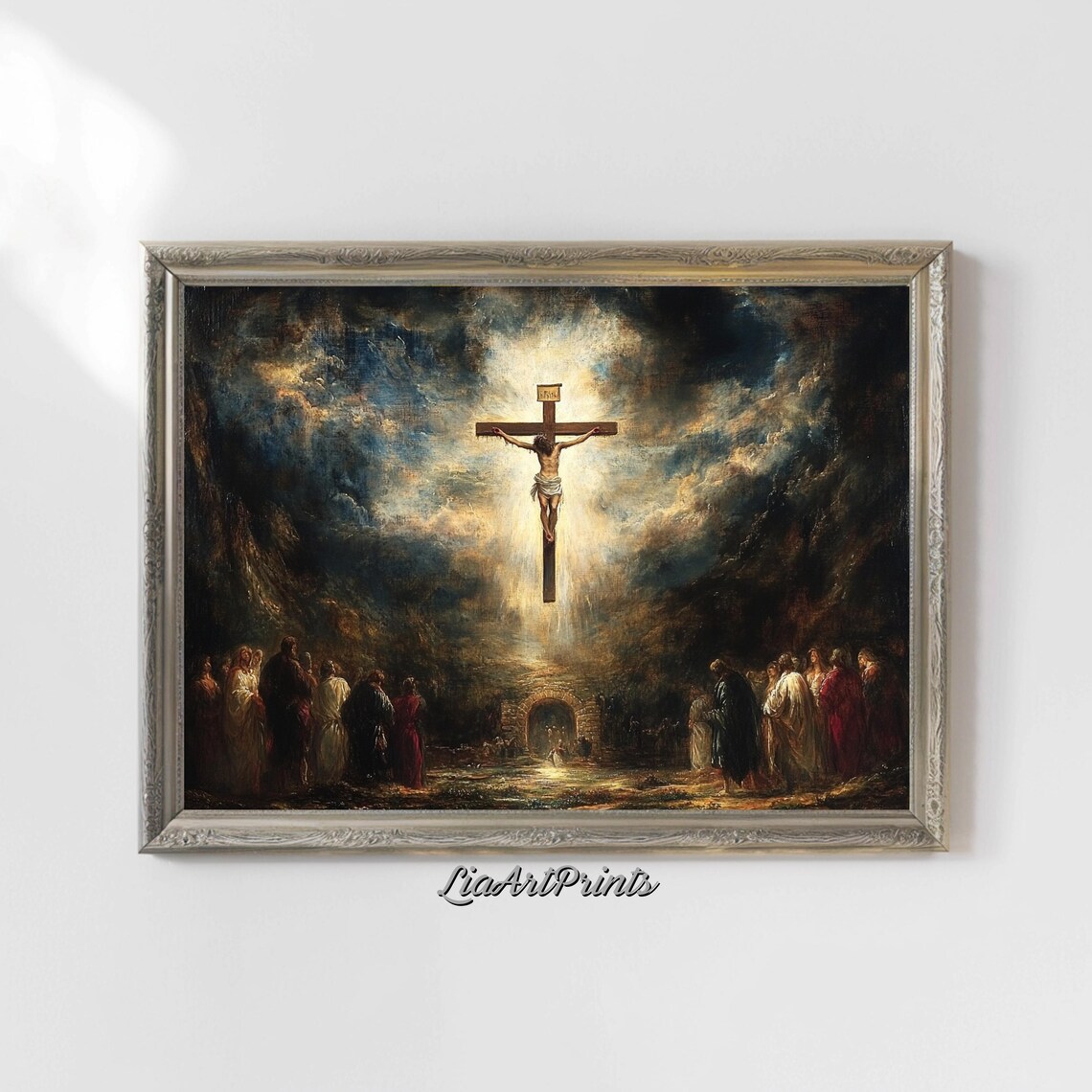The Crucifixion Dramatic Cross Divine Light Mourners Religious Art Poster - Image 4