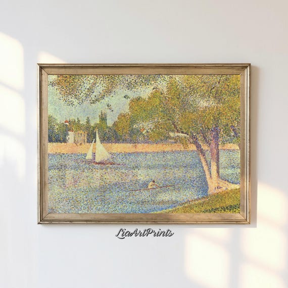 Pointillist River Scene Impressionist Boating Landscape Vibrant Fine Art Print Nature Inspired Wall Dcor