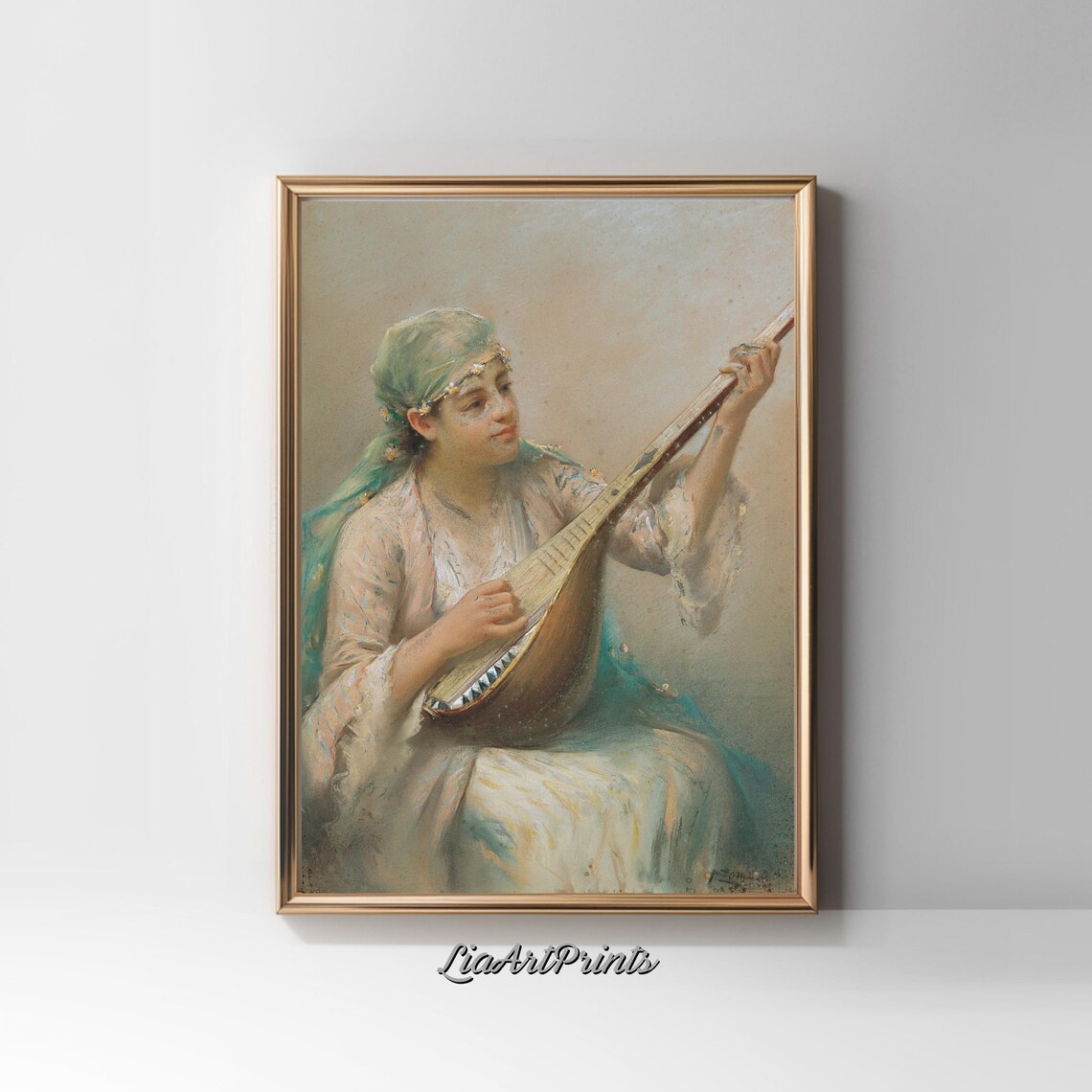 Vintage Pastel Portrait Woman Playing Mandolin Romantic Music Poster - Image 2