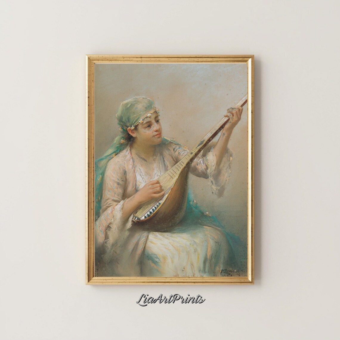 Vintage Pastel Portrait Woman Playing Mandolin Romantic Music Poster - Image 5