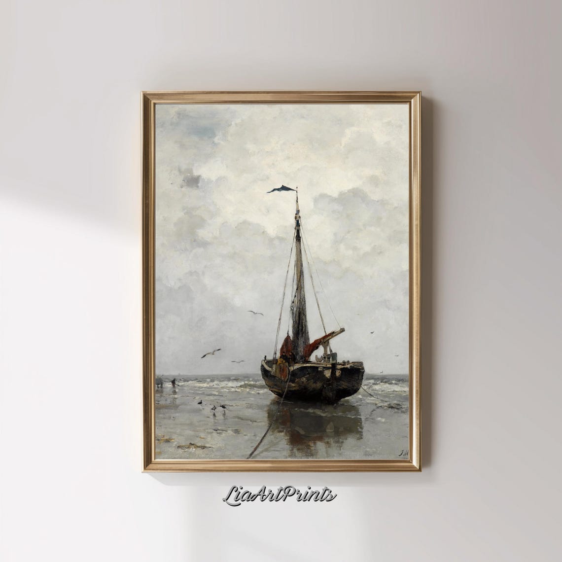 Beached Fishing Boat Cloudy Sky Vintage Coastal Marine Painting Poster - Image 3