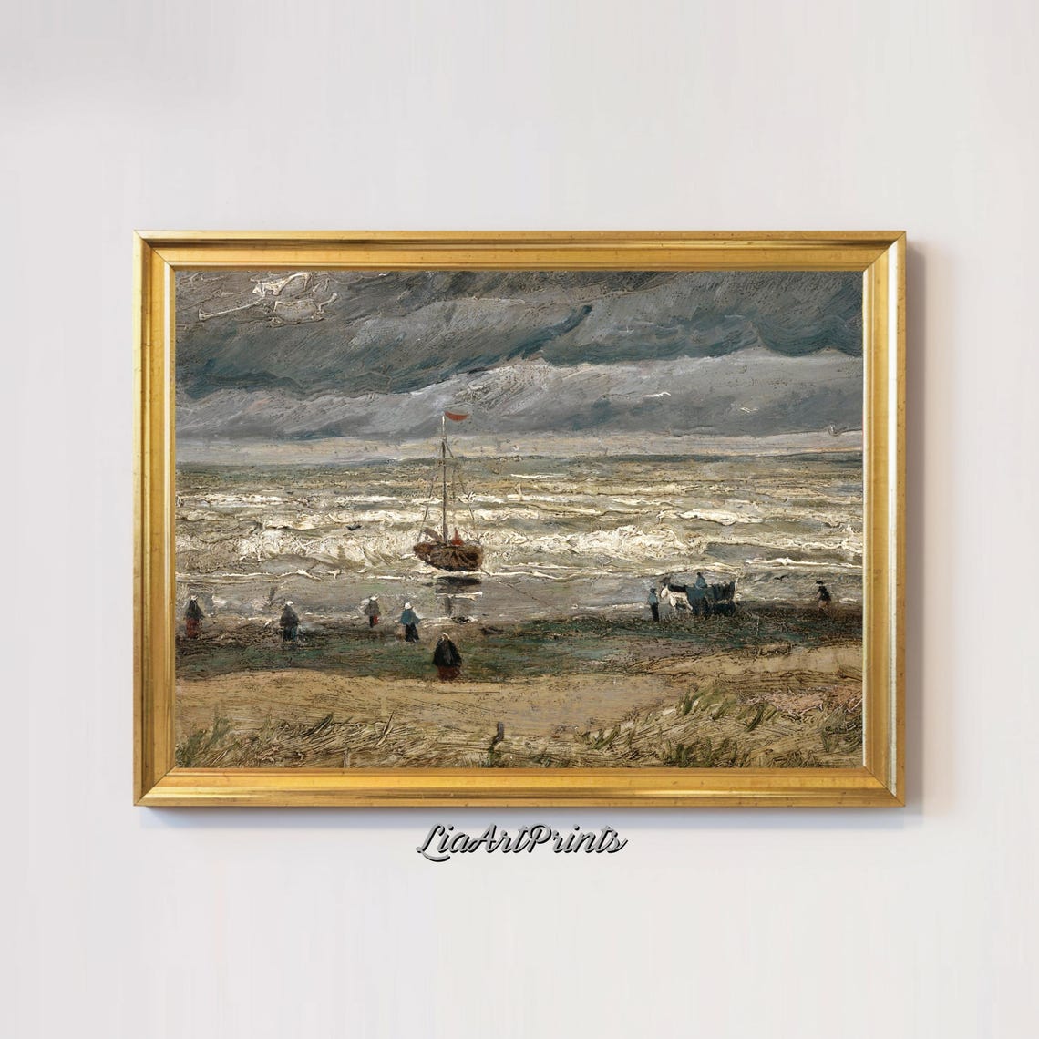 Stormy Beach Fishing Boat Dark Sky Dramatic Coastal Scene Art Print - Image 2
