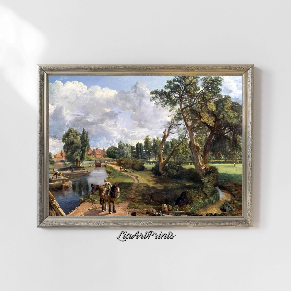 Horse and Rider by the River with Barges Vintage Landscape Poster - Image 4