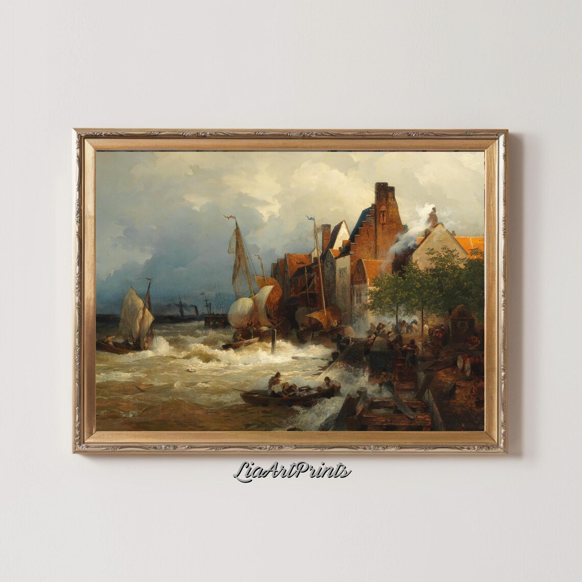 Stormy Harbor Scene, Seaside Town and Sailboats - Image 2