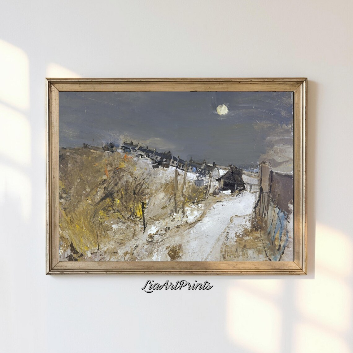 Winter Moonlit Village Landscape, Rustic Snowy Night