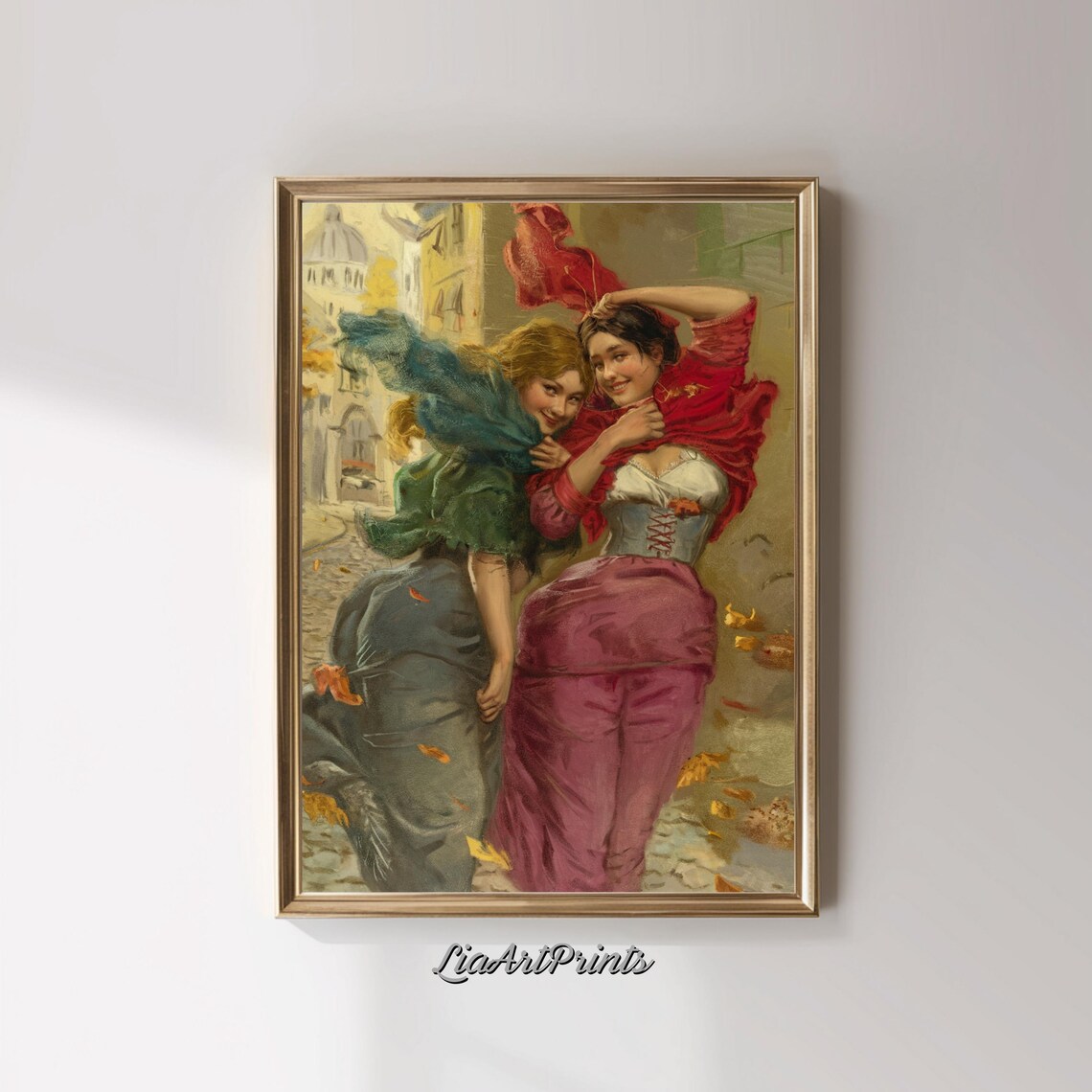 Two Women on a Windy Paris Street Autumn Day Vintage Painting Poster - Image 3