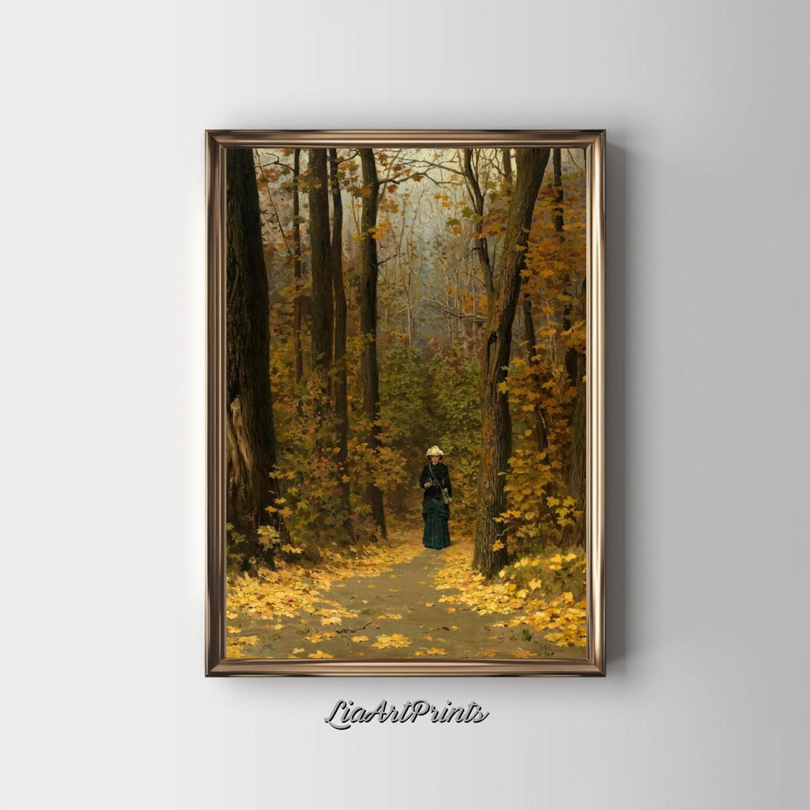 Autumn Forest Path Solitary Woman Golden Leaves Woodland Walk Poster - Image 2