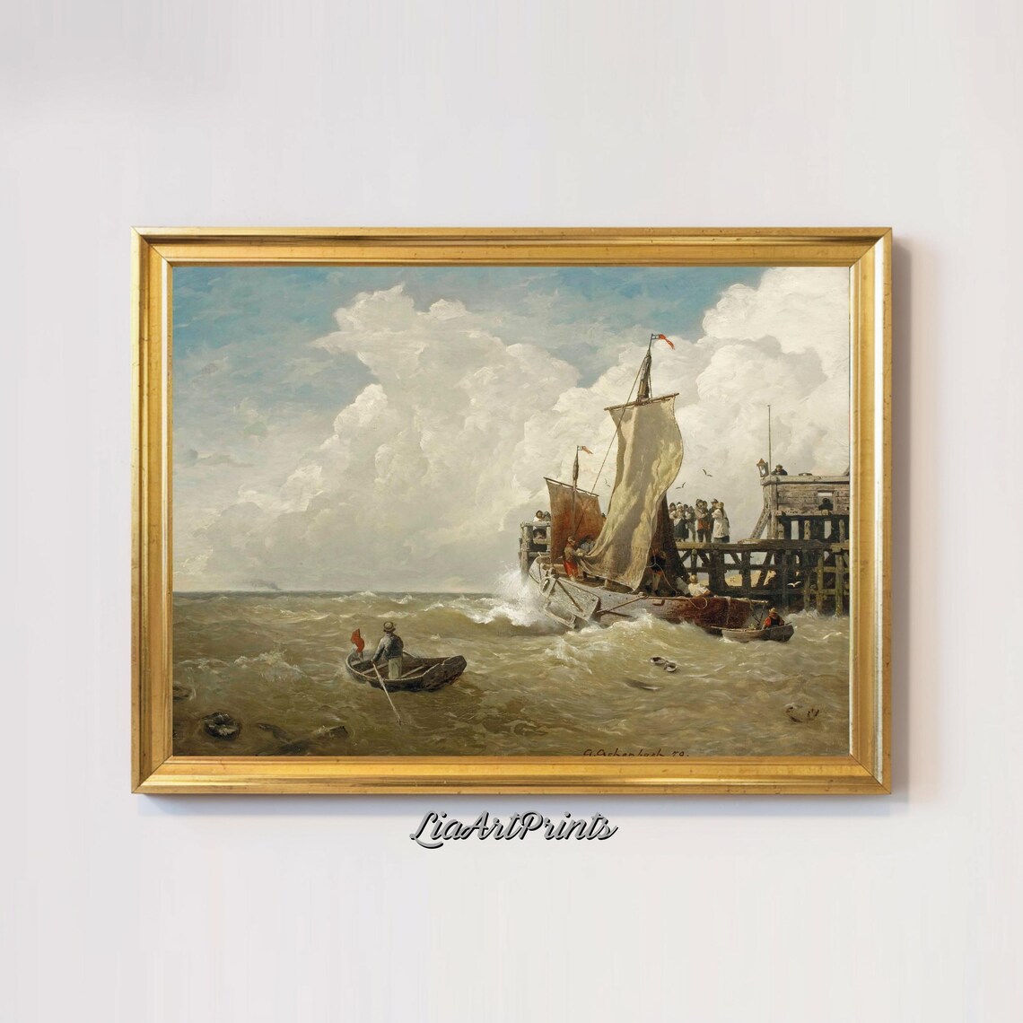Sailing Boat Battling Stormy Waves Near a Wooden Pier Vintage Nautical Print - Image 2