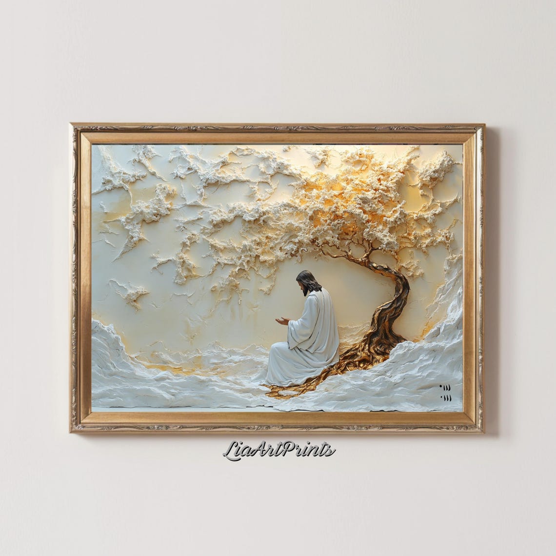 Jesus Praying Under Golden Tree Textured 3D Religious Painting Poster - Image 2