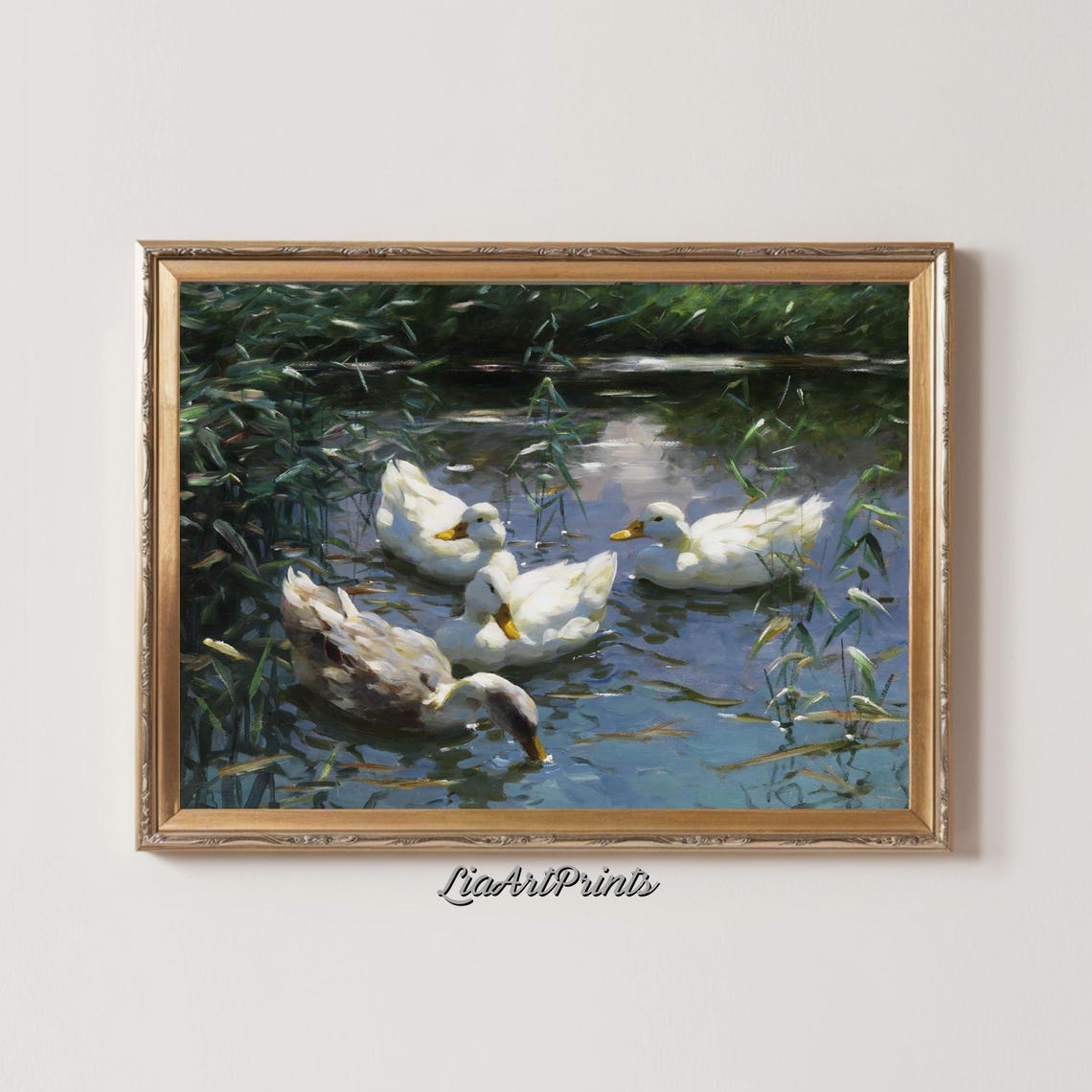 White Ducks on Pond Vintage Oil Painting with Reeds and Water Poster - Image 2