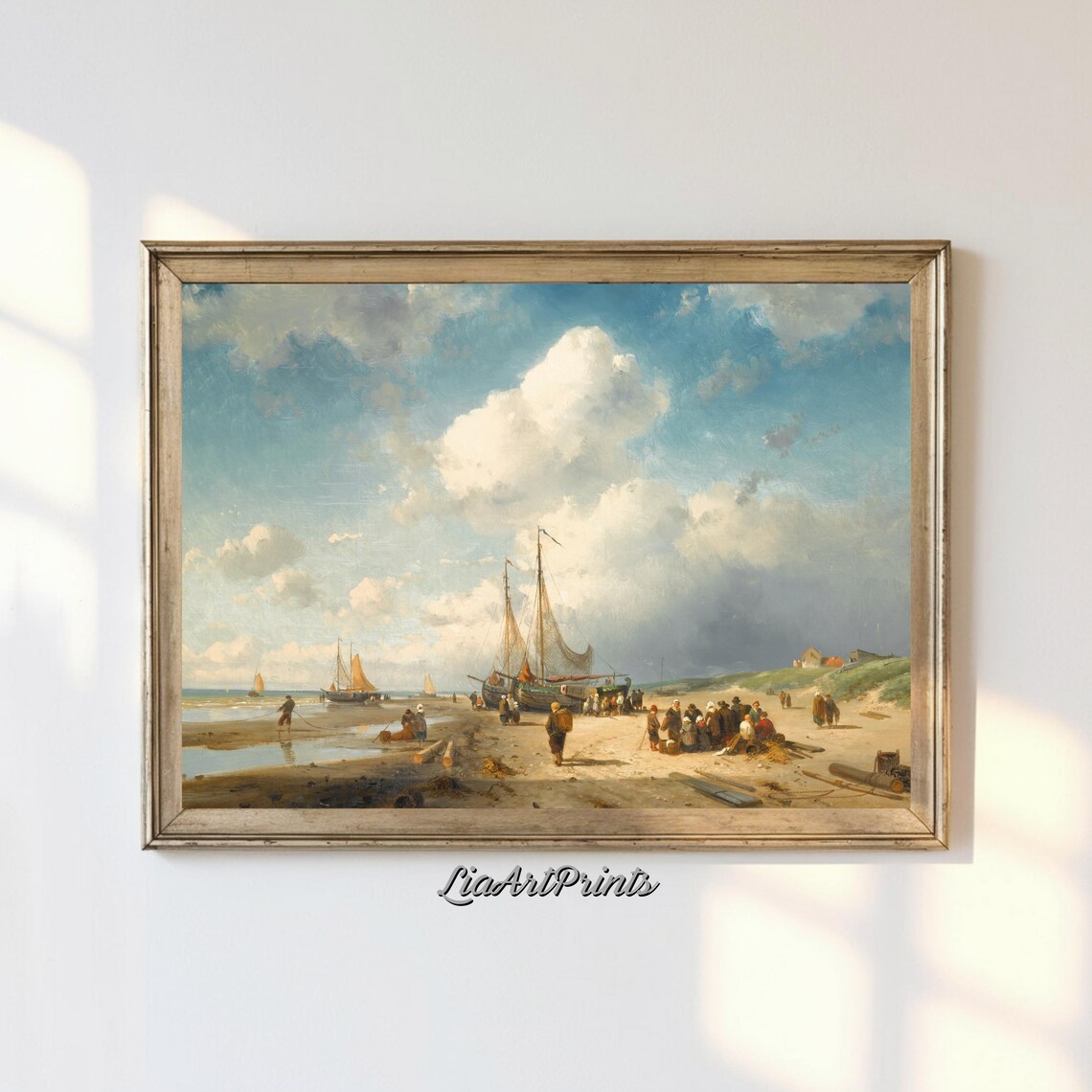 Vintage Seaside Fishing Village Boats Beach Coastal Scene Poster