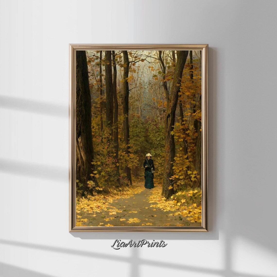 Autumn Forest Path Solitary Woman Golden Leaves Woodland Walk Poster