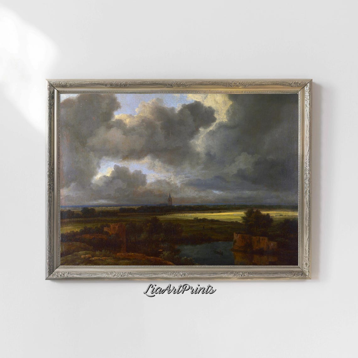 Stormy Cloud Sky Over Lowland Fields Church Spire Moody Art Poster - Image 4