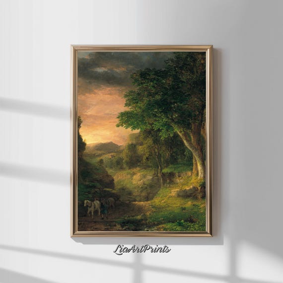 Vintage Forest Landscape Wall Art Nature Sunset Painting Rustic Home Decor