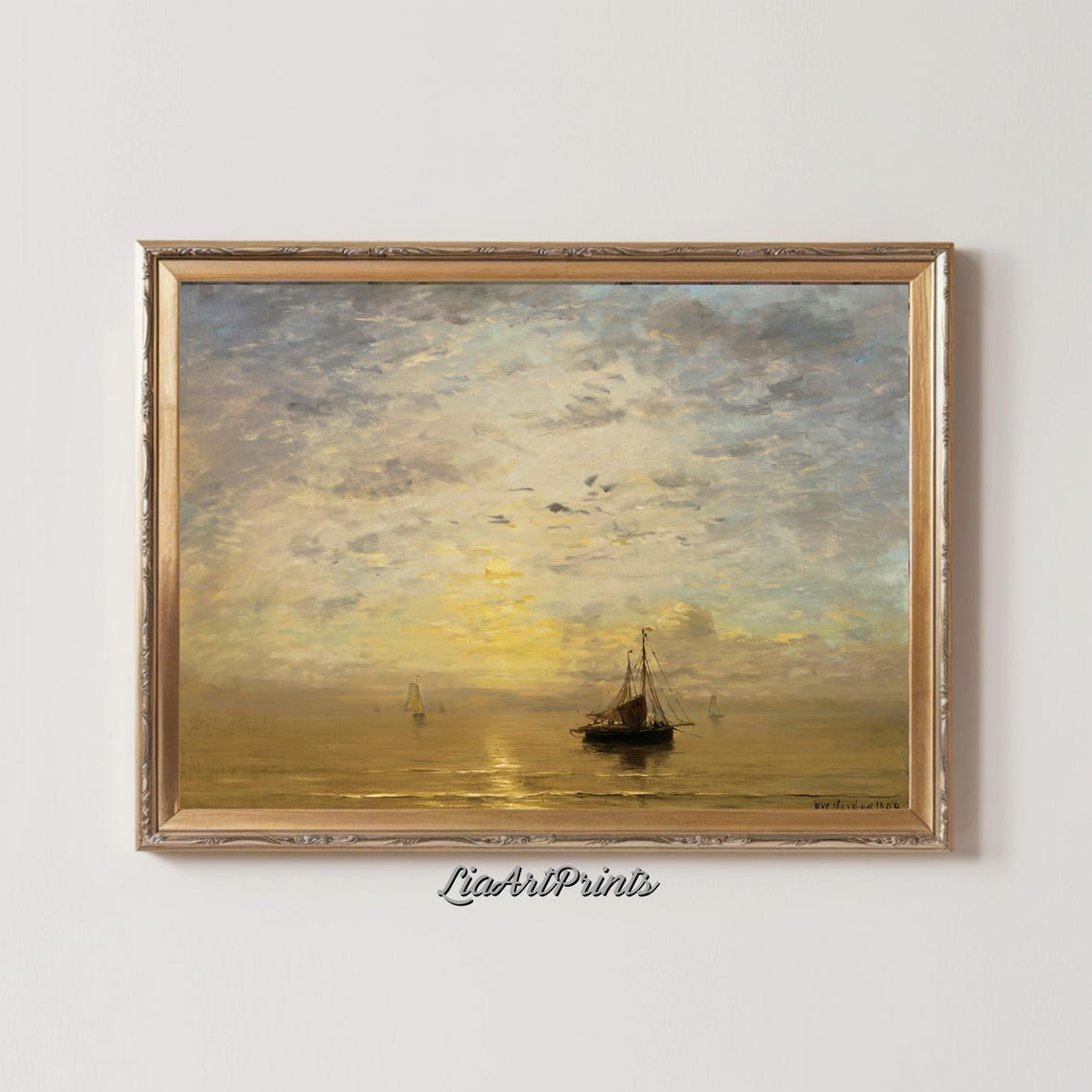 Sunset Over Tranquil Waters Sailing Boats In Golden Light Maritime Oil Painting - Image 2